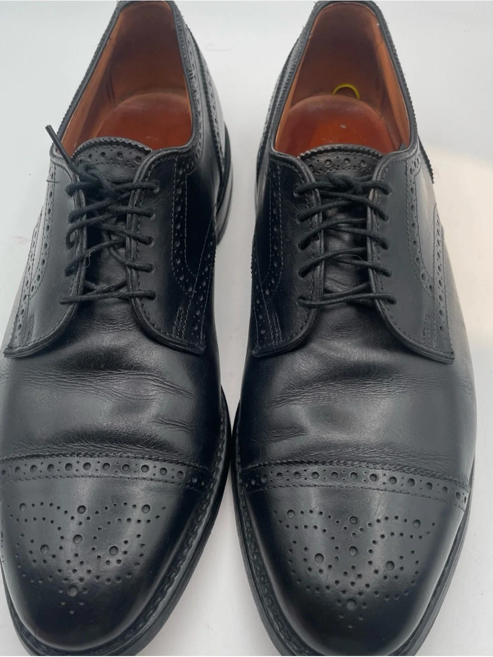 Allen Edmonds Black Leather Cap-Toe Derby Shoes with Broguing